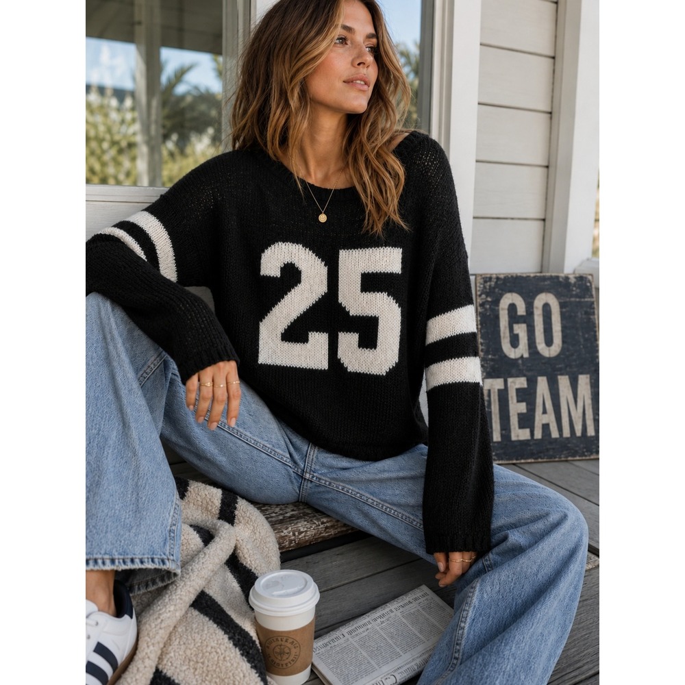 Wooden Ships Custom Varsity 25 Game Day Sweater Black White XS Mohair Wool Blend